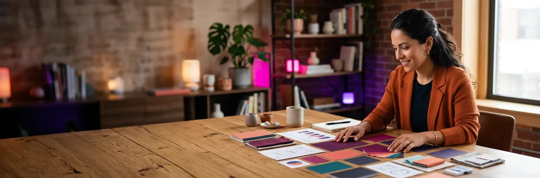 Entrepreneur reviewing a visual map of her business areas